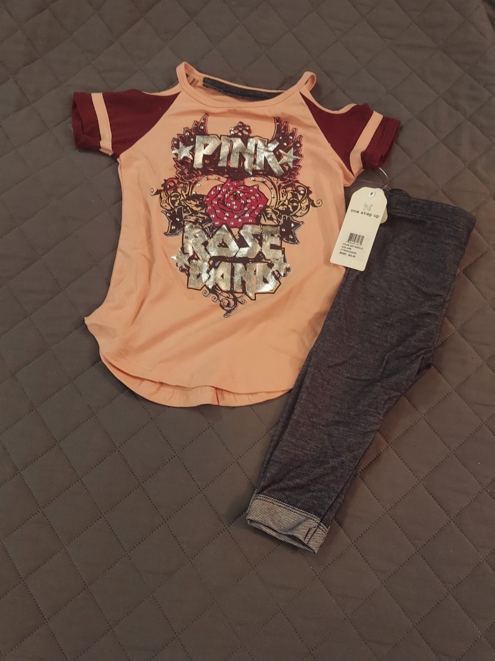 One Step Ahead Peach Graphic Tee with Maroon Sleeve Accents & Gray Leggings